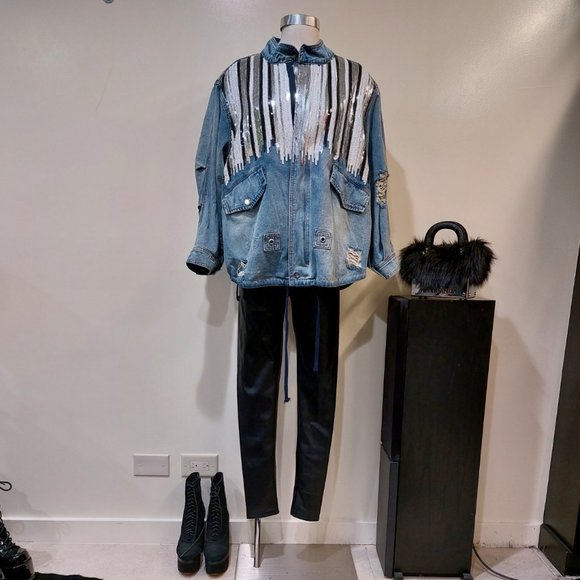 ๐ฅVTG 70s HIPPIE STYLE๐ฅ Distressed Sequinned Denim Anorak Jacket - Picture 5 of 16